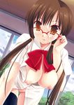  1girl adjusting_glasses areolae artist_request bottomless breasts breasts_outside classroom cum facial glasses hanging_breasts large_breasts nipples original puffy_nipples school_uniform solo thighhighs tongue twintails 