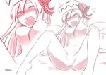  1girl blush bouncing_breasts breasts censored closed_eyes hair_ribbon large_breasts lily_white monochrome nipples nude open_mouth ribbon signature solo spot_color spread_legs sweat tears touhou wings yutamaro zoom_layer 
