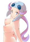  ass breasts egooo helmet large_breasts lavender_eyes lavender_hair long_hair nagi_(pokemon) nipples nude pokemon pokemon_(game) pokemon_oras solo white_background 