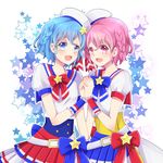  1girl belt blue_eyes blue_hair blush braid brother_and_sister dorothy_west hat interlocked_fingers leona_west looking_at_viewer mole mole_under_eye open_mouth otoko_no_ko pink_eyes pink_hair pretty_(series) pripara ruka192 short_hair siblings skirt smile twins 