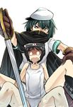  bai_lao_shu black_hair cape diving_mask diving_mask_on_head gloves green_hair hat heterochromia highres kantai_collection kiso_(kantai_collection) maru-yu_(kantai_collection) multiple_girls no_eyepatch o_o one-piece_swimsuit open_mouth remodel_(kantai_collection) scared school_swimsuit school_uniform short_hair swimsuit sword weapon white_school_swimsuit white_swimsuit 