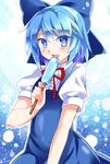  blush bow cirno e.o. food hair_bow highres looking_at_viewer open_mouth popsicle short_hair solo touhou upper_body 