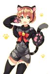  :d absurdres animal_ears black_legwear brown_hair cat_ears cat_paws cat_tail fake_animal_ears green_eyes highres hoshizora_rin looking_at_viewer love_live! love_live!_school_idol_project open_mouth paws short_hair sketch smile solo tail thighhighs tsukimi_(xiaohuasan) zettai_ryouiki 