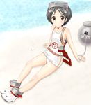  black_eyes black_hair boots diving_mask kantai_collection maru-yu_(kantai_collection) one-piece_swimsuit school_swimsuit short_hair swimsuit telaform translation_request white_school_swimsuit white_swimsuit 