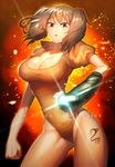  angry backlighting bangs breasts cleavage clenched_hands contrapposto copyright_name cowboy_shot diane_(nanatsu_no_taizai) english floating_hair frown gauntlets glint grey_hair high_collar highleg highleg_leotard large_breasts leotard looking_at_viewer nanatsu_no_taizai orange_leotard puffy_short_sleeves puffy_sleeves purple_eyes short_hair short_sleeves short_twintails solo standing tattoo taut_clothes thighs toned twintails wadani_hitonori 