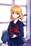  ahoge artoria_pendragon_(all) bag blonde_hair bookbag braid capsule_servant fate_(series) green_eyes hair_ribbon master_artoria ribbon school_uniform serafuku solo watermark web_address yaho_(yaho0211) 