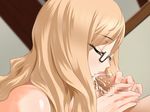  1girl bare_shoulders blonde_hair censored cum cum_in_mouth ejaculation eyes_closed fellatio game_cg glasses highres long_hair nude oral penis sano_toshihide 