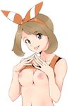  :p blue_eyes breasts brown_hair collarbone egooo eyebrows_visible_through_hair fingers_together hair_ribbon hands_together haruka_(pokemon) head_tilt looking_at_viewer medium_breasts navel nipples pokemon pokemon_(game) pokemon_oras ribbon shirt_lift short_hair sidelocks sleeveless solo steepled_fingers tank_top tongue tongue_out upper_body white_background 