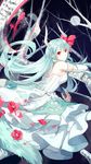  alternate_costume bad_id bad_pixiv_id branch dress ex-keine fancybetty flower full_moon gloves green_hair highres horns kamishirasawa_keine long_hair looking_at_viewer moon night polearm red_eyes scroll solo spear tail touhou tree weapon white_dress 