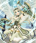  :o blonde_hair blue breasts cleavage cloud dual_wielding fingerless_gloves gloves head_wings highres holding long_hair looking_at_viewer medium_breasts navel navel_cutout nokia_(harusion) original reverse_grip shingoku_no_valhalla_gate sky solo sword thighhighs vambraces weapon white_gloves white_legwear wings 