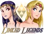  blonde_hair blue_eyes brown_eyes earrings forehead_jewel jewelry lipstick long_hair makeup multiple_girls pointy_ears princess_hilda princess_zelda purple_hair purple_lipstick r3dfive red_eyes the_legend_of_zelda the_legend_of_zelda:_a_link_between_worlds tiara triforce upper_body watermark web_address 