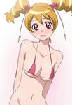  bare_shoulders blush breasts brown_hair cleavage collarbone fresh_precure! looking_at_viewer manji_(tenketsu) medium_breasts momozono_love pink_eyes precure solo string_bikini twintails underboob 