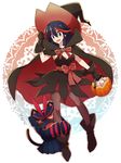  animal_ears black_hair blue_eyes blush boots bow breasts cape cat_ears cat_tail cleavage dress fang gloves halloween hat highres kemonomimi_mode kill_la_kill kuma_yuu large_breasts leg_hug living_clothes matoi_ryuuko multicolored_hair pantyhose senketsu short_hair smile streaked_hair tail witch witch_hat 