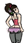  ass brown_eyes brown_hair butt_crack contemporary dressing flower hair_flower hair_ornament huge_ass looking_back momohime oboro_muramasa oekaki panties pants pants_pull penelope_and_me ponytail pulled_by_self purple_panties scrunchie solo striped striped_panties tank_top undersized_clothes underwear 