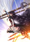  1girl adsouto arm_guards armor armored_boots artist_name bandage bandaged_arm bandages black_hair black_legwear black_shorts boots braid breasts day eyebrows_visible_through_hair highres long_hair looking_at_viewer medium_breasts shorts solo tales_of_(series) tales_of_berseria thigh_strap thighhighs torn_clothes torn_legwear underboob velvet_crowe very_long_hair weapon yellow_eyes 