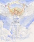  angel angel_wings blonde_hair bracelet budd_root jewelry long_hair solo sword weapon wings 
