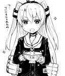  amatsukaze_(kantai_collection) bowl commentary_request gloves gomashi_(goma) greyscale kantai_collection lifebuoy long_hair monochrome open_mouth solo sparkle sweat torpedo translation_request two_side_up 