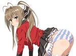  amagi_brilliant_park antenna_hair ass bent_over blush brown_eyes brown_hair highres long_hair mokke_(mokke99) panties ponytail sento_isuzu skirt skirt_lift solo striped striped_panties thighhighs underwear uniform 