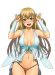  absurdres amagi_brilliant_park arms_up babydoll blonde_hair blue_eyes blush breasts cleavage fairy_wings highres large_breasts lasterk navel no_pants panties short_twintails solo string_bikini sylphy_(amaburi) thigh_gap thong twintails underwear white_background wings 