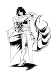  adiane bare_shoulders breasts cleavage corset damien_dozias dress eyepatch greyscale high_heels highres large_breasts long_hair monochrome scorpion_tail smile solo tail tattoo tengen_toppa_gurren_lagann 