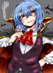  alternate_costume bat_wings blue_hair cape fangs halloween highres looking_at_viewer open_mouth red_eyes remilia_scarlet roki_(hirokix) short_hair smile solo touhou translated wings 