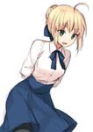  ahoge arms_behind_back artoria_pendragon_(all) blonde_hair blouse dress fate/stay_night fate_(series) green_eyes hair_ribbon high-waist_skirt looking_at_viewer midorikawa_you open_mouth pantyhose ribbon saber sketch skirt smile solo 