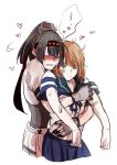  2girls ahoge akizuki_(kantai_collection) bandaid bandaid_on_face black_hair blush brown_hair corset eyes_closed from_behind gloves hachimaki hair_ornament hairband headband heart hug kantai_collection multicolored multicolored_clothes multicolored_gloves multiple_girls oboro_(kantai_collection) pleated_skirt ponytail satou_(310null) school_uniform serafuku short_hair short_sleeves simple_background skirt speech_bubble wavy_mouth white_background yuri 