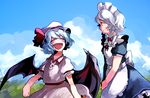  ^_^ apron bat_wings blue_hair blue_sky braid closed_eyes cloud damenaito day fang grass happy hat izayoi_sakuya looking_at_another maid maid_headdress multiple_girls open_mouth outdoors remilia_scarlet short_hair silver_hair sky smile touhou twin_braids wings 