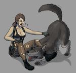 animal black_gloves breasts brown_hair cleavage diamond_dog eyepatch front-tie_bikini front-tie_top gloves gun handgun holster large_breasts laughing metal_gear_(series) metal_gear_solid_v pantyhose penelope_and_me petting pistol ponytail quiet_(metal_gear) sitting thigh_holster tongue tongue_out torn_clothes torn_legwear weapon wolf 
