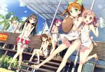  :d absurdres ankle_lace-up apron ayase_sayuki bikini bikini_skirt black_hair blue_eyes bow braid breasts brown_eyes cleavage cloud cross-laced_footwear day dutch_angle enomoto_kaho flower fujimura_natsuki green_eyes green_hair hair_between_eyes hair_bow hair_flower hair_ornament highres hirosaki_kanade huge_filesize kantoku knees_together_feet_apart leg_up looking_at_viewer medium_breasts menu minagawa_yuuhi mop multiple_girls nearly_naked_apron one-piece_swimsuit open_mouth orange_hair outdoors pink_eyes pink_hair sandals school_swimsuit short_twintails side-tie_bikini side_braid side_ponytail sitting sky small_breasts smile swimsuit tray twintails white_school_swimsuit white_swimsuit yellow_eyes your_diary yua_(your_diary) 