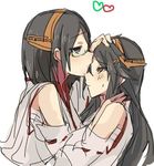  bare_shoulders black_hair brown_hair commentary_request detached_sleeves forehead_kiss glasses green-framed_eyewear haruna_(kantai_collection) kantai_collection kirishima_(kantai_collection) kiss long_hair lowres multiple_girls nontraditional_miko rn_(radon'ya) short_hair sweatdrop 