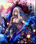  blue_eyes breasts flower forehead_jewel gauntlets hair_ornament head_fins highres kyo=hibiki large_breasts long_hair looking_at_viewer mermaid monster_girl navel official_art petals scales shingoku_no_valhalla_gate silver_hair solo very_long_hair 