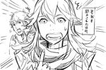  1girl bad_id bad_twitter_id commentary_request fire_emblem fire_emblem:_kakusei greyscale kozaki_yuusuke krom long_hair lucina monochrome open_mouth pointing pointing_at_self sketch surprised sweatdrop translation_request 