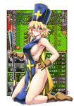  armpits blonde_hair blue_eyes blush boots breasts cosplay covered_nipples cross dragon_quest dragon_quest_iii gloves hand_on_hip hat highres large_breasts looking_at_viewer mizuhashi_parsee naked_tabard ootsuki_wataru pixel_art pointy_ears priest_(dq3) priest_(dq3)_(cosplay) short_hair sideboob solo staff tabard thighs touhou 