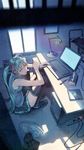  aqua_eyes aqua_hair black_legwear boots computer detached_sleeves electric_fan formalin from_above hatsune_miku laptop long_hair sitting skirt sleeveless solo thigh_boots thighhighs twintails very_long_hair vocaloid zettai_ryouiki 