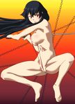  akame akame_ga_kill! areolae artist_request bare_legs bare_shoulders barefoot black_hair blush breasts chains feet full_body gradient gradient_background katana long_hair looking_at_viewer midriff navel nipples nude partially_visible_vulva red_eyes simple_background sling_bikini solo swimsuit sword very_long_hair weapon 