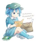  bad_id bad_pixiv_id bag belt blue_eyes blue_hair book boots collared_shirt dress full_body hair_bobbles hair_ornament hat kasagi kawashiro_nitori key magazine paper_bag pocket rubber_boots shirt short_hair short_sleeves simple_background sitting skirt skirt_set sleeves_rolled_up smile solo touhou two_side_up white_background 