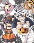  :d :p ahoge akebono_(kantai_collection) alternate_costume animal_ears animal_hood arms_up bandaid bandaid_on_face black_hair blush breasts brown_eyes brown_hair fang flower hair_bobbles hair_flower hair_ornament halloween hat hood jack-o'-lantern kantai_collection large_breasts long_hair miyamaru multiple_girls mummy oboro_(kantai_collection) open_mouth pink_eyes pink_hair purple_eyes purple_hair sazanami_(kantai_collection) side_ponytail smile tongue tongue_out ushio_(kantai_collection) witch_hat wolf_ears 