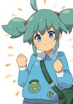  absurdres bag blue_eyes green_hair hair_bobbles hair_ornament hands_clasped hands_up highres kappa kawashiro_nitori kindergarten_bag kindergarten_uniform long_sleeves looking_at_viewer no_hat no_headwear o-ring omotin own_hands_together shirt short_hair shoulder_bag smile solo sticker touhou two_side_up 