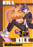  absurdres bad_id bad_pixiv_id black_hair blue_eyes genderswap genderswap_(ftm) halloween highres horns jack-o'-lantern kill_la_kill male_focus matoi_ryuuko necktie pumpkin shoes sitting sleeves_rolled_up sneakers solo suspenders tail yorukun 