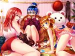 animal ass audrey_belrose bespectacled black_cat blue_eyes blue_hair blush brown_hair buruma cat chips commentary double_bun food food_in_mouth glasses hair_bun highres huniepop jewelry kaskia long_hair looking_at_viewer looking_back multicolored_hair multiple_girls necklace nightgown nikki_ann-marie off-shoulder_sweater official_art panties pendant pink_hair potato_chips promotional_art reading red_eyes red_hair ribbed_sweater short_hair sleepover slippers streaked_hair stuffed_animal stuffed_cat stuffed_toy sweater teddy_bear tiffany_maye underwear white_panties 