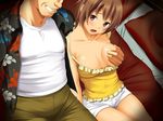  1boy 1girl artist_request bed blush breast_grab brown_hair character_request game_cg grabbing groping short_hair source_request 