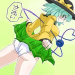  aono3 ass dutch_angle frilled_panties frills from_behind gradient gradient_background green_eyes green_hair hat komeiji_koishi long_sleeves looking_at_viewer looking_back panties skirt skirt_lift smile solo speech_bubble third_eye touhou underwear white_panties 