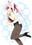  animal_ears ass blue_hair blush bunny_ears bunny_tail bunnysuit fake_animal_ears gradient_hair hair_ornament harusame_(kantai_collection) high_heels highres kantai_collection leotard long_hair looking_at_viewer multicolored_hair pantyhose pink_eyes pink_hair revision side_ponytail simple_background solo tail tears wara_(warapro) wrist_cuffs 