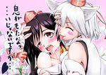  :3 animal_ears bare_shoulders black_hair black_wings blush blush_stickers breasts brown_eyes closed_eyes collarbone detached_sleeves flower furyouhin_(bubumelon) hand_on_another's_head hat highres inubashiri_momiji licking medium_breasts multiple_girls pink_background pom_pom_(clothes) saliva saliva_trail shameimaru_aya short_hair silver_hair simple_background tokin_hat tongue tongue_out touhou translation_request wings wolf_ears yuri 