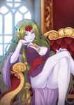  arm_rest breasts cleavage covered_nipples crossed_legs desparaia earrings jewelry kazuma_muramasa large_breasts no_panties partially_visible_vulva pointy_ears precure purple_eyes purple_skin sitting smile solo thighs tiara yes!_precure_5 