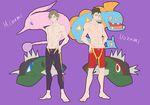  bad_id bad_pixiv_id basculin black_hair brown_hair character_name crossover free! full_body gen_3_pokemon gen_5_pokemon gorebyss huntail jammers male_focus minami_kazuki multiple_boys pokemon pokemon_(creature) purple_background ronisuke shirtless smile uozumi_takuya 