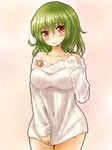  alternate_costume bare_shoulders blush bottomless breasts clothes_tug collarbone covered_navel covering covering_crotch green_hair head_tilt kazami_yuuka large_breasts long_sleeves looking_at_viewer naked_sweater no_pants off-shoulder_sweater off_shoulder red_eyes ribbed_sweater shironeko_yuuki smile solo sweater sweater_tug touhou 