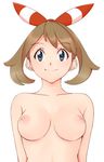  blue_eyes breasts brown_hair egooo hair_ribbon haruka_(pokemon) medium_breasts nipples nude pokemon pokemon_(game) pokemon_oras ribbon sidelocks smile solo upper_body 