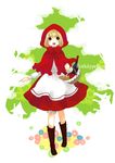  alcohol apple apron basket blonde_hair bloomers boots bottle bread brown_eyes dress food fruit grimm's_fairy_tales happy hood kanitama_(putyourhead) little_red_riding_hood little_red_riding_hood_(grimm) smile solo underwear wine 